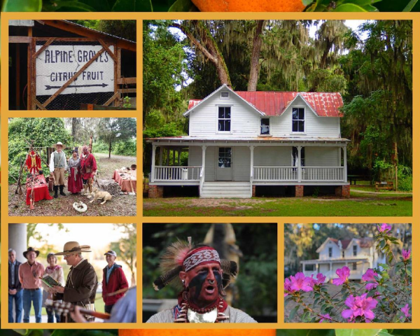 A historic two-story house, flowers, a Native American historical reenactor, and people visiting outdoor festival tables.