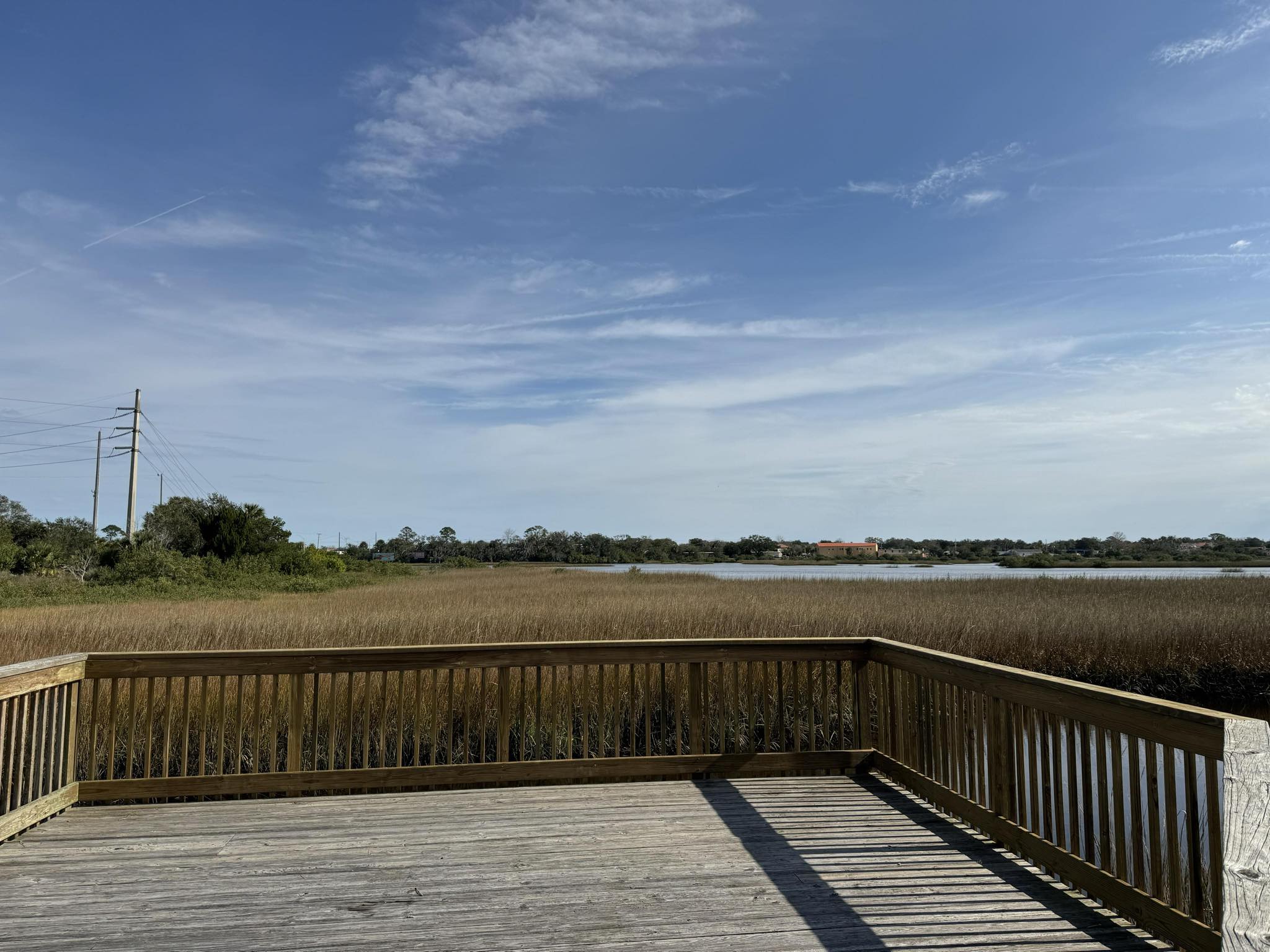 A wooden dock looking out over a marsh.