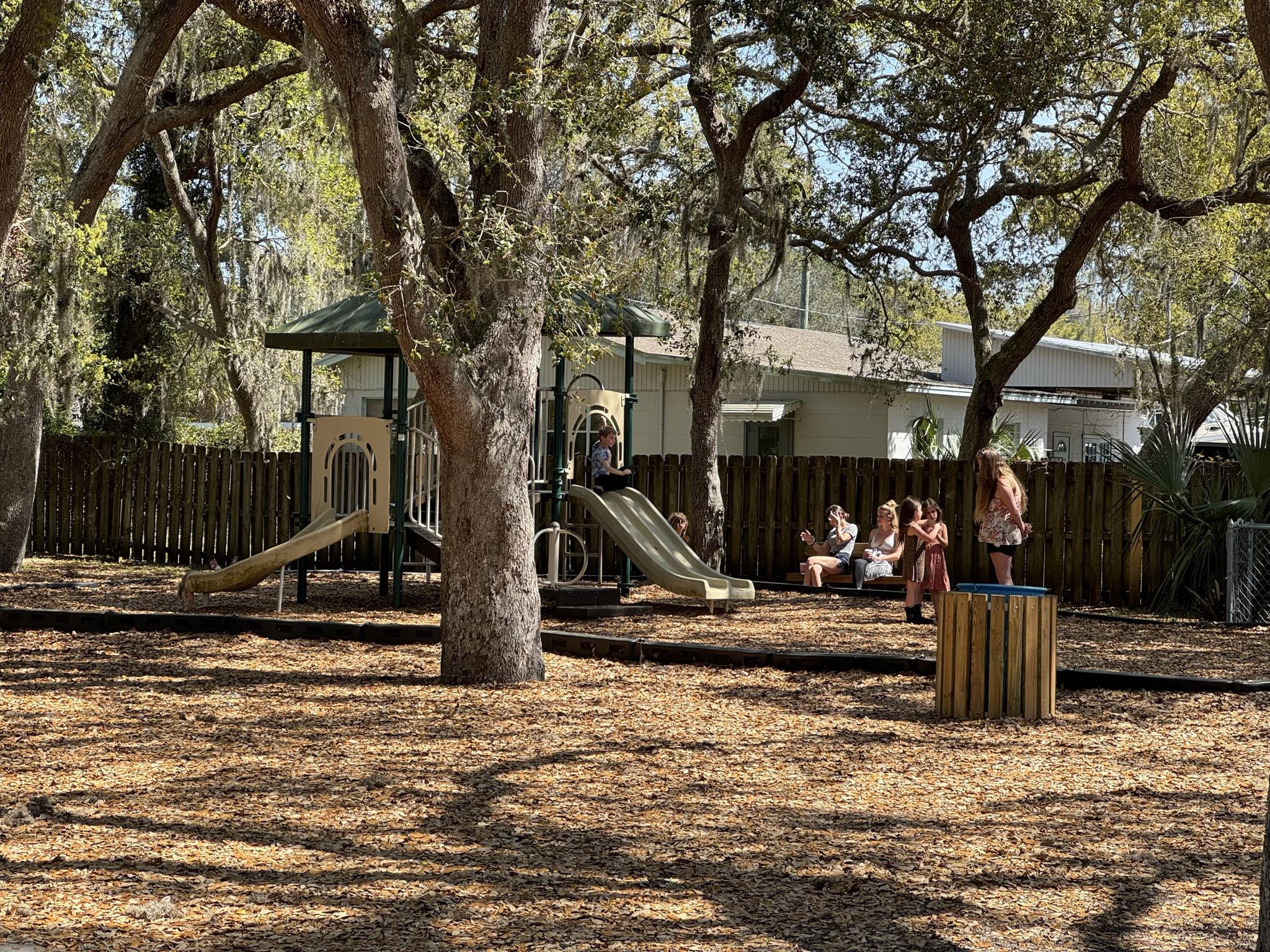 Children and parents near a playset surrounded by trees.