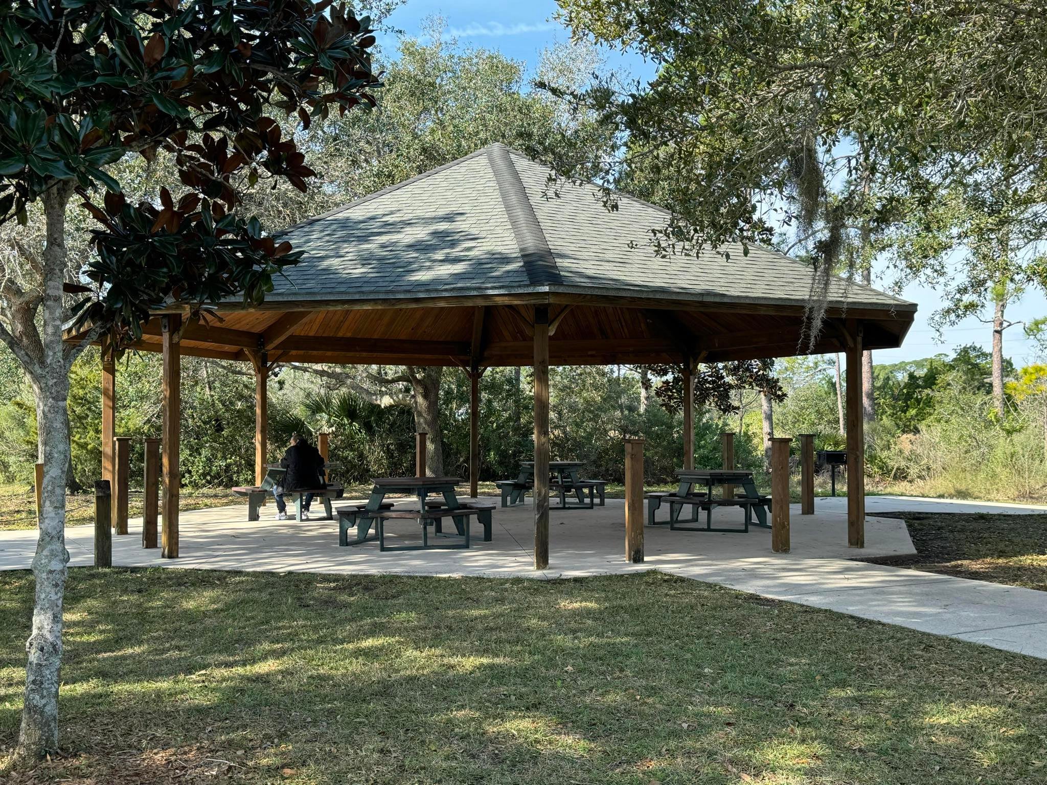 Man sitting under a picnic pavilion surrounded by trees in a park.