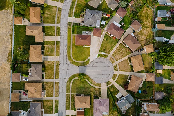 aerial view of a neighborhood with bad roads