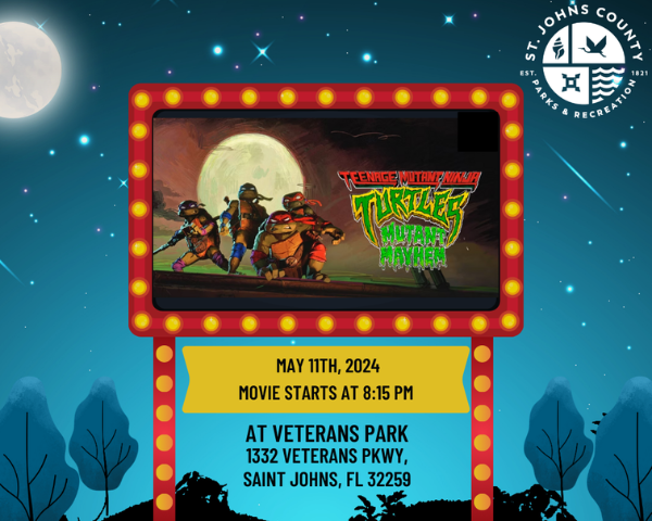 An illustration of a drive-thru movie theater projector screen displaying the poster for Teenage Mutant Ninja Turtles: Mutant Mayhem.