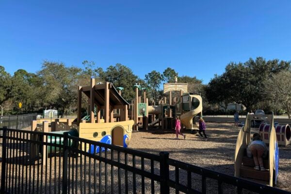 Children playing on pirate-themed playground