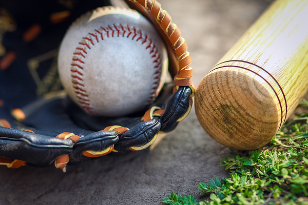 baseball glove, baseball and bat