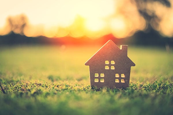 A cardboard cutout of a house against warm light, on grass