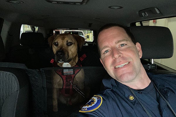 Fire Rescue employee with K9 Garrett in back seat