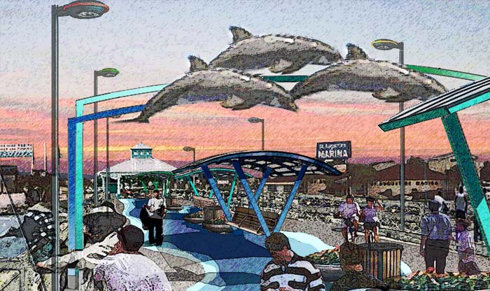 Vilano Beach Town center- dolphin art sculpture in arch above bus stop.