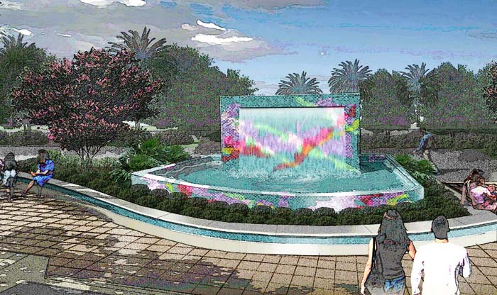 Vinano Beach town center Water feature concept image- modern fountain with pool and stream