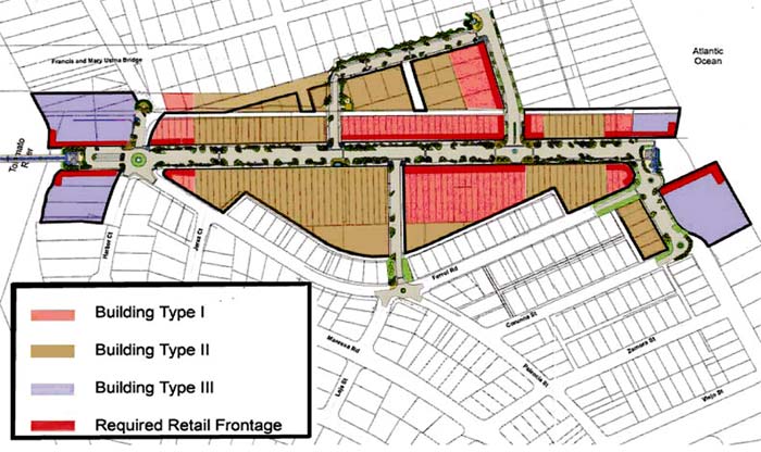 Vilano Beach Town Center, building types 1-3 and required retail frontage labeled on a map.
