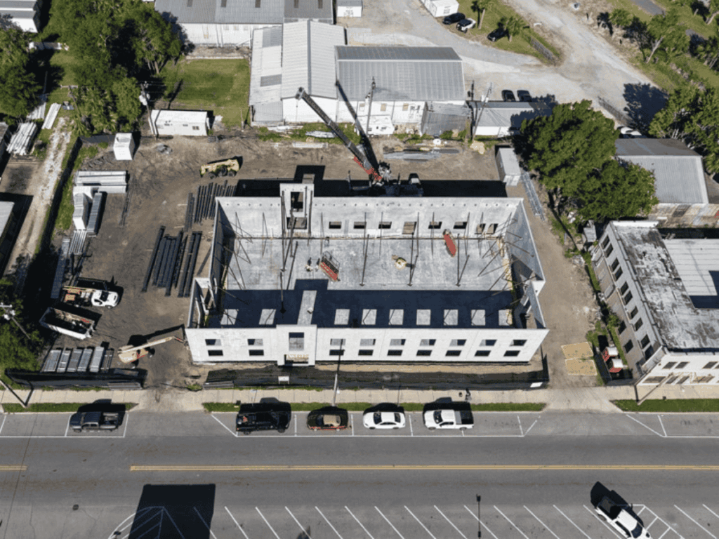 Aerial photo of the Hastings Community Center and Library under construction