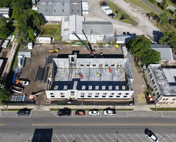 Aerial photo of the Hastings Community Center and Library under construction