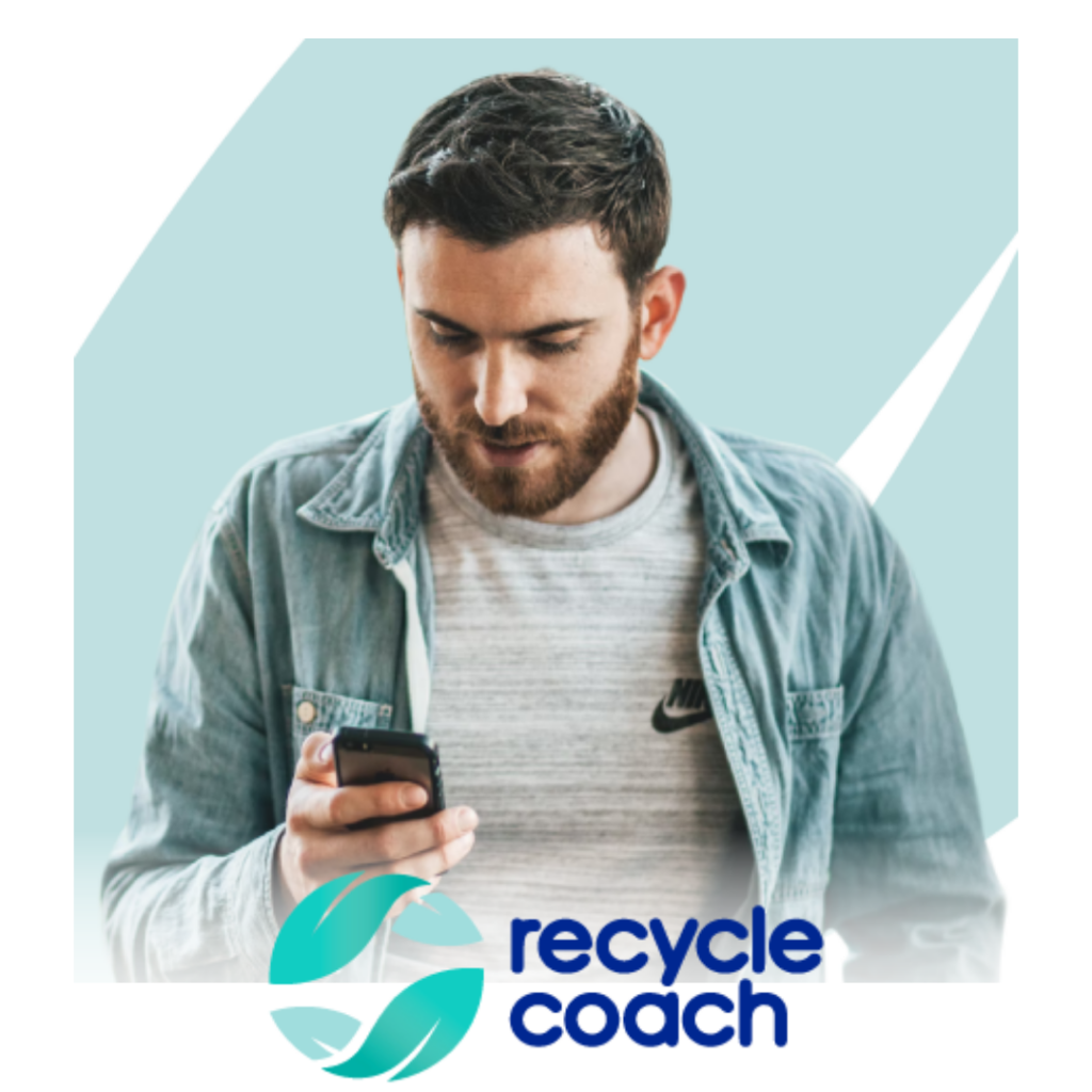 a man looking at his phone with the Recycle Coach logo.
