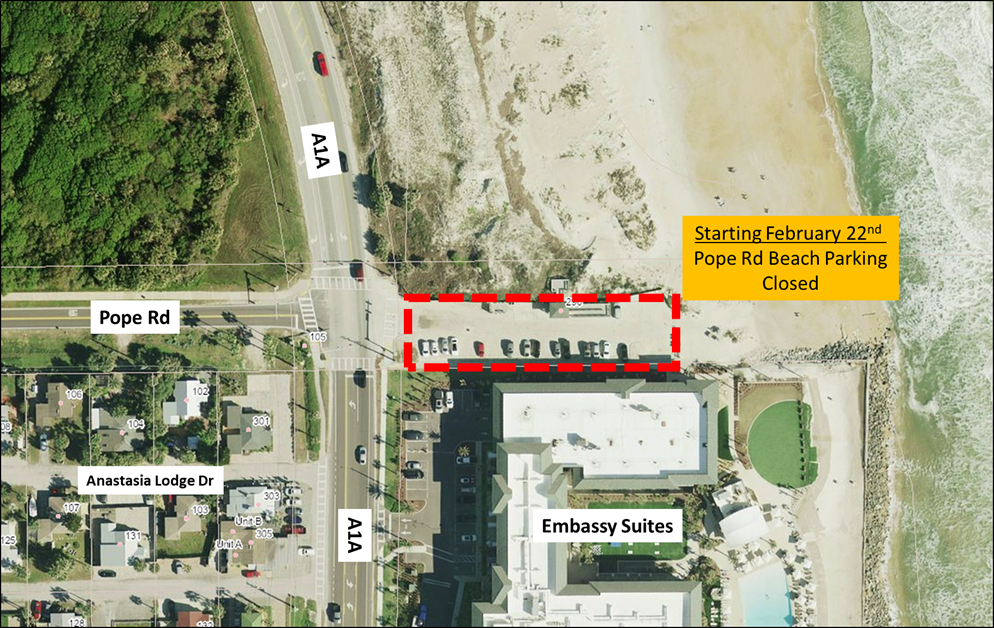 Map with red dotted line showing which parking lot will be closed for staging by a contractor during a beach renourishment project.