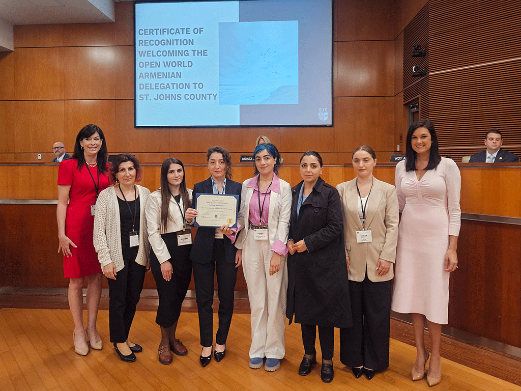 Sarah Arnold, Chair, District 2; Jennifer Logue, President of the Rotary Club of Ponte Vedra Beach; Open World Armenian Delegation representatives.