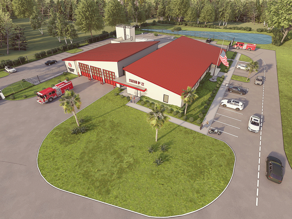 Future fire station 22 aerial view rendering of building, parking, lot, vehicles, and retention pond