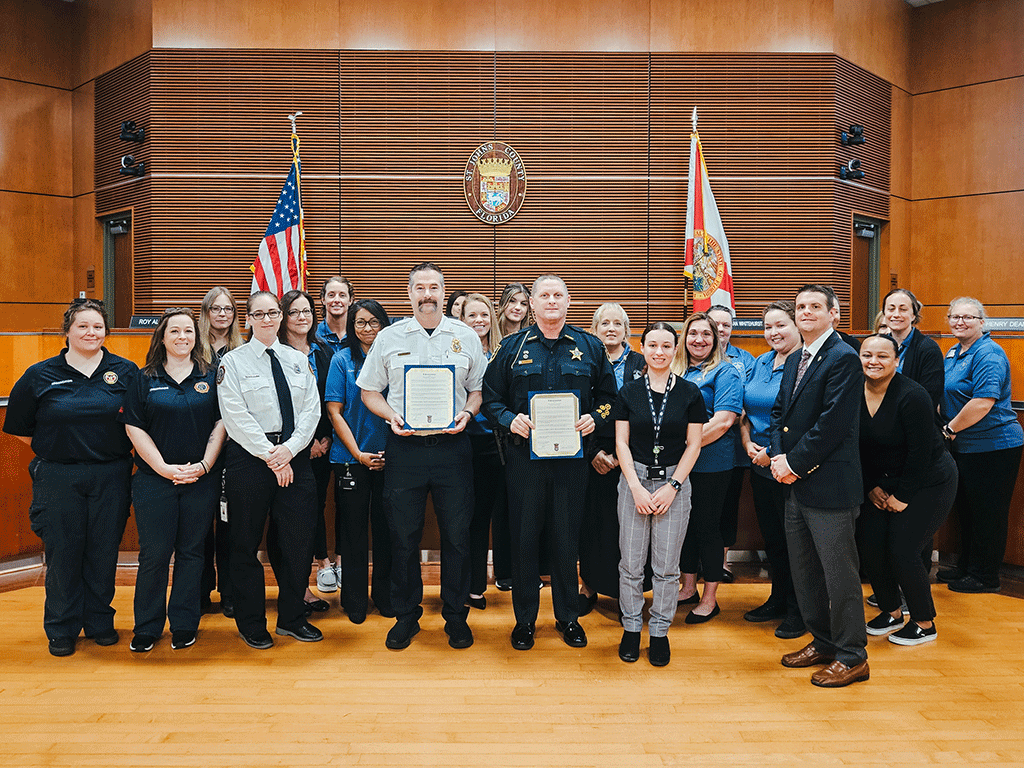 Commissioner Roy Alaimo, District 3, St. Johns County Fire Rescue and Sheriff’s Office representatives recognize Public Safety Telecommunicator Week
