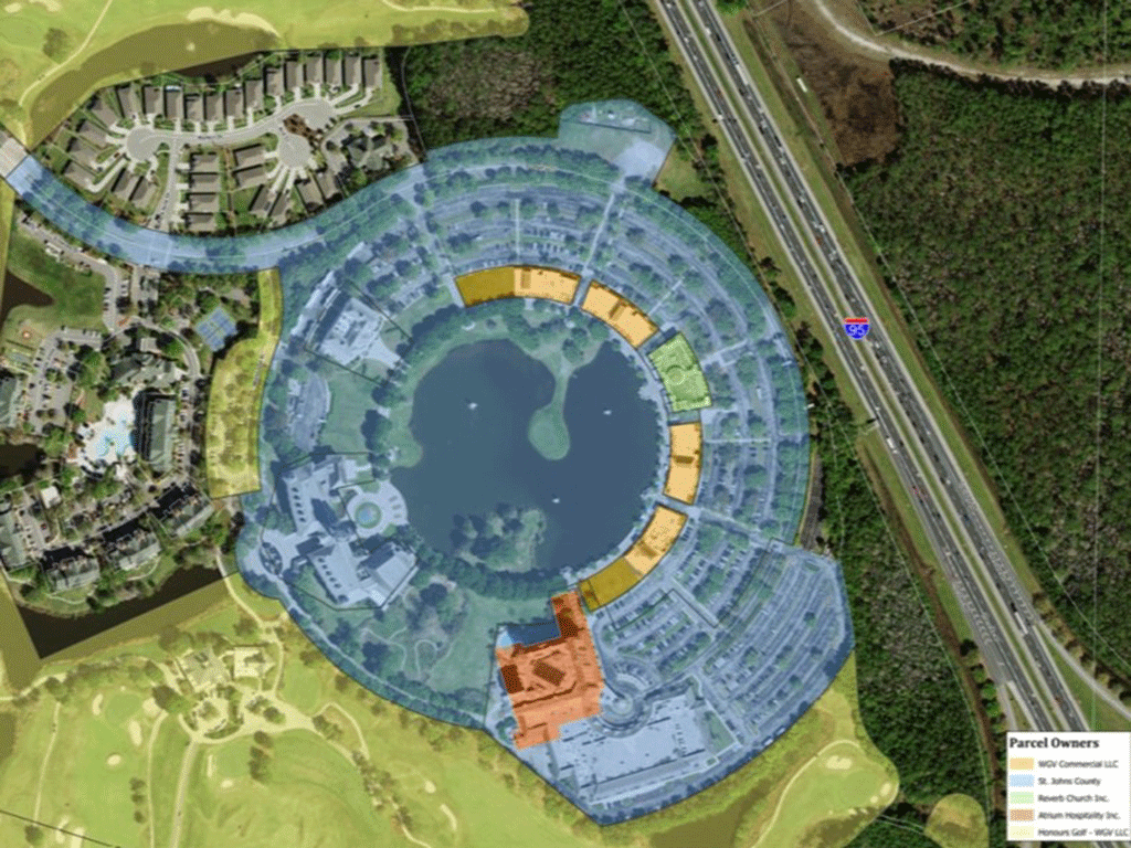 aerial map of World Golf Village with overlays depicting parcel ownership