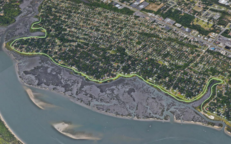 Overhead map of a planned trail along a shoreline.