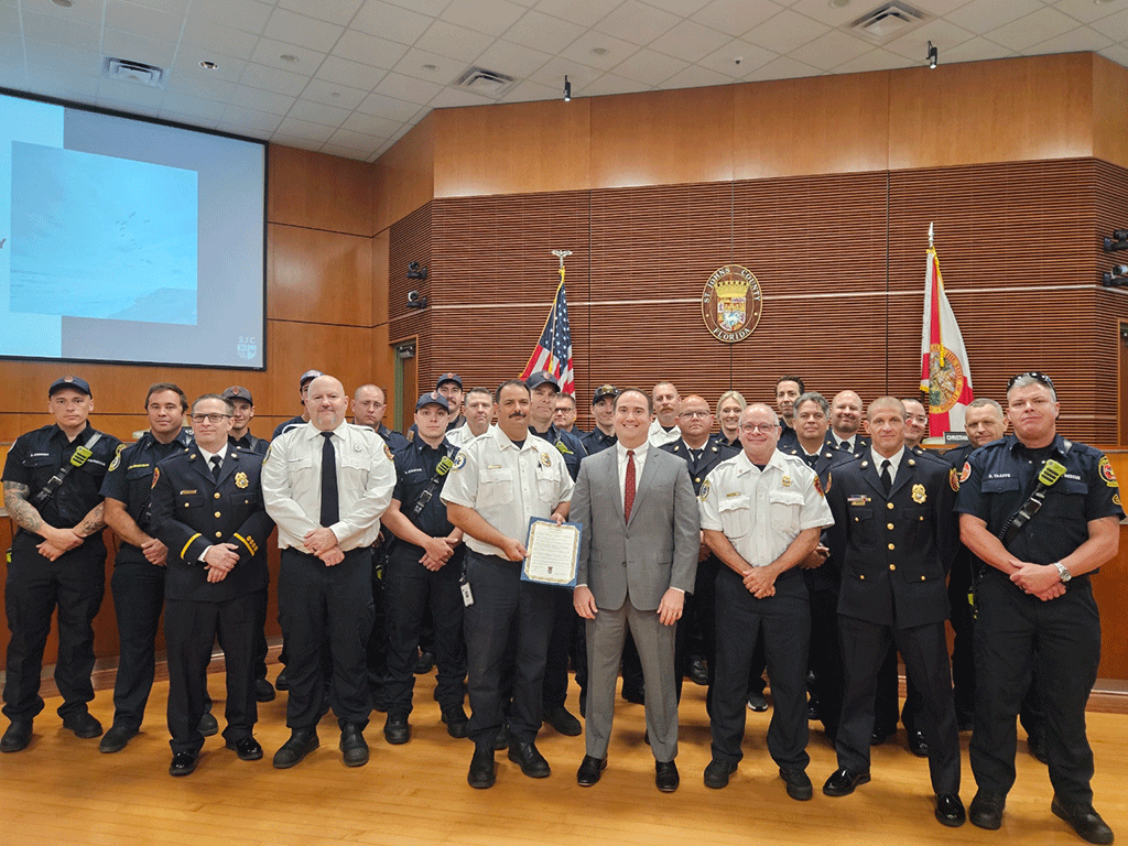Commissioner Christian Whitehurst and Fire Chief Sean McGee; Representatives from St. Johns County Fire Rescue recognizing Emergency Medical Services Week