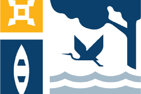 Logo with outline of fort, canoe, and bird over water
