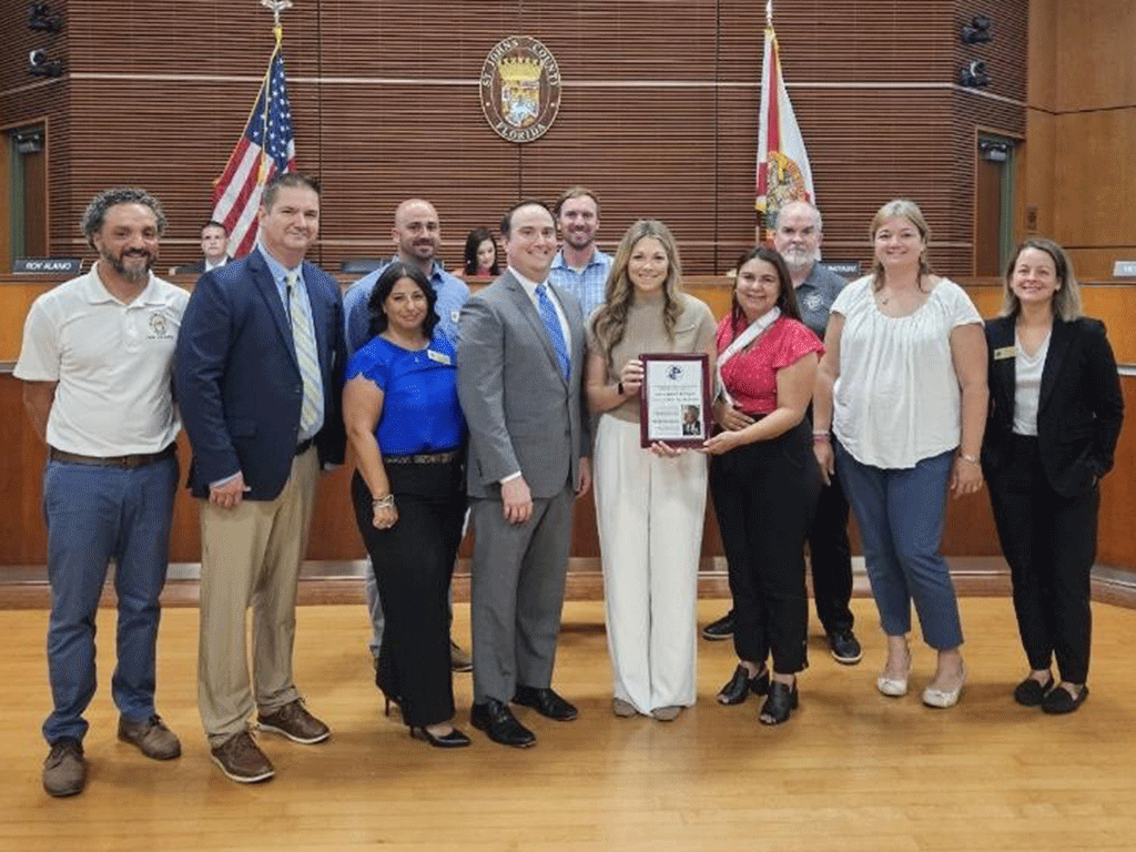 St. Johns County Board of County Commissioners recognizing Parks & Recreation Month with Recreation maintenance Supervisor David Cañon; Parks and Recreation Director Ryan Kane; Parks and Recreation Assistant Director Jamie Baccari; Project Manager Tim Connor; Natural Resources Superintendent Nathan Otter; Commissioner Christian Whitehurst; Kaley Huxford; Simone Watson; Recreation Facilities Manager Teddy Meyer; Community Program Manager Tess Simpson; Beach Operations Manager Sara Perez