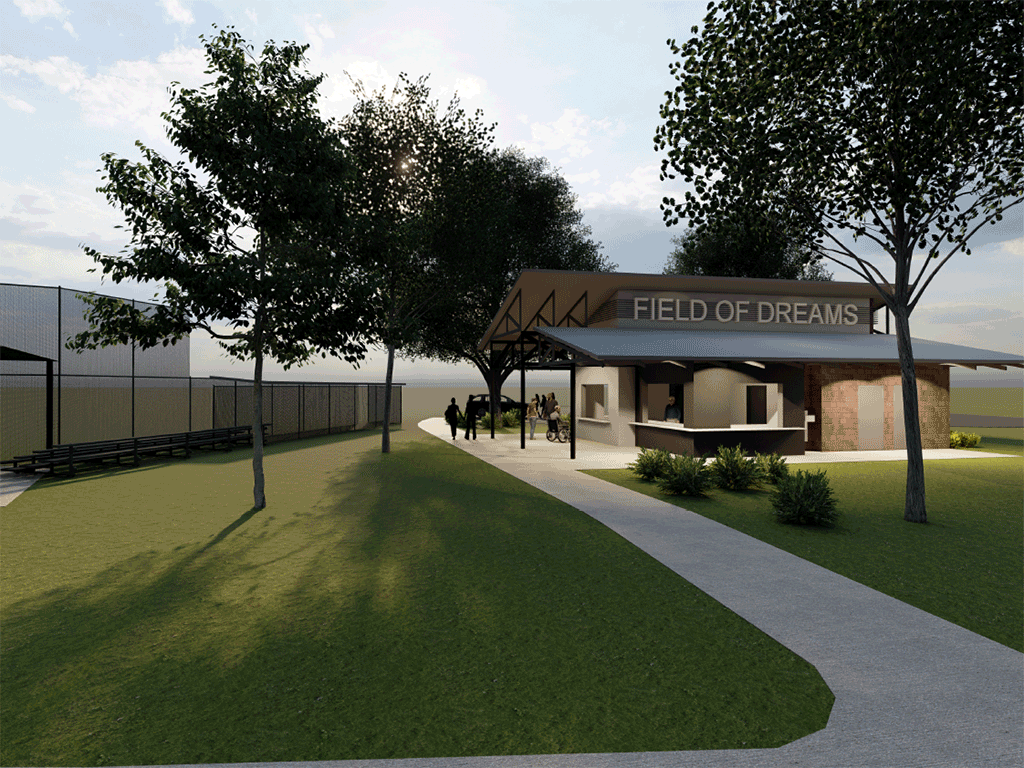 A digital rendering of a concession and restroom building bearing the words ‘Field of Dreams’ next to a baseball field with bleachers.”