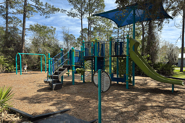 A shaded playground with a young girl on a swingset.