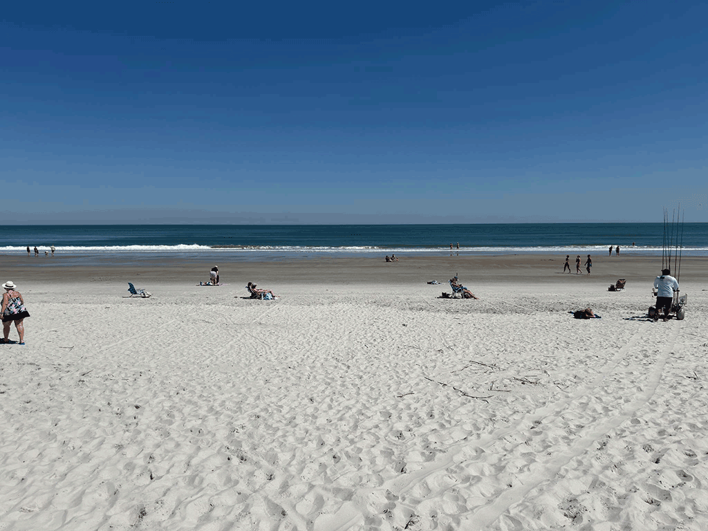 A beach with people relaxing on chairs.