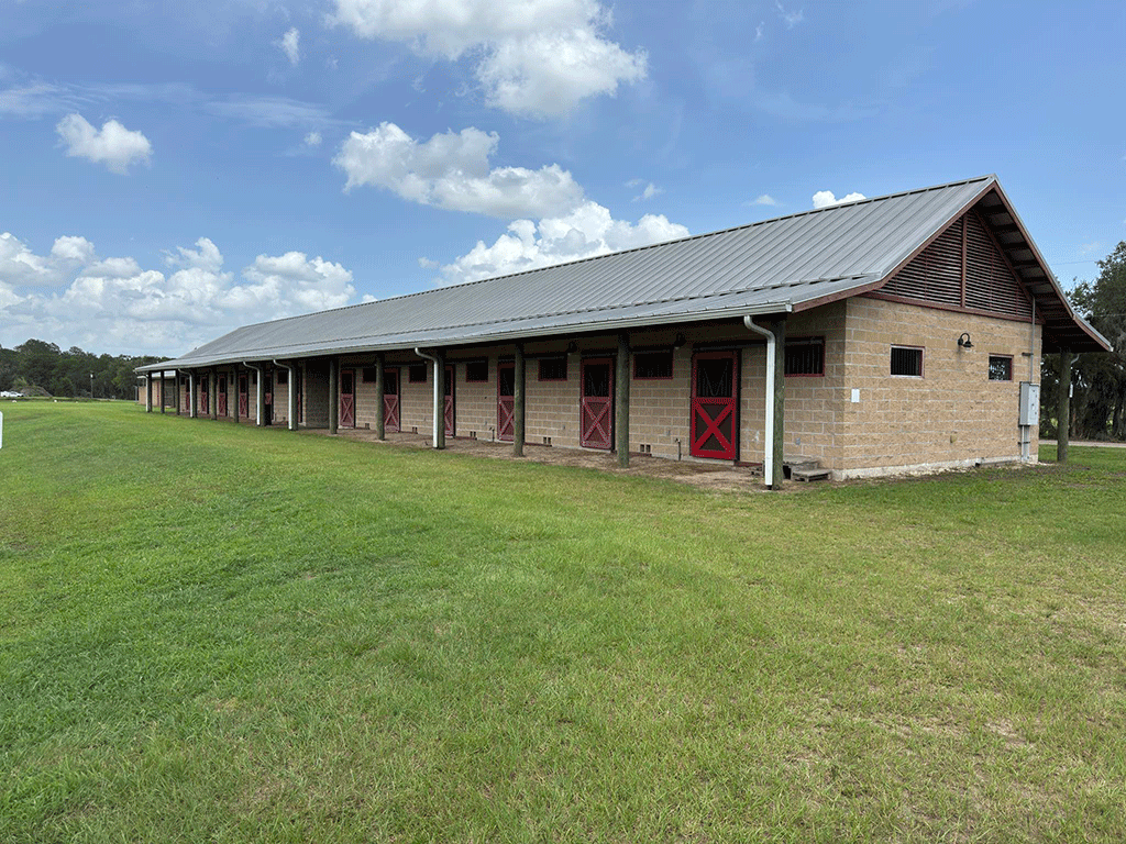 A stable with multiple concrete-block stalls for horses.