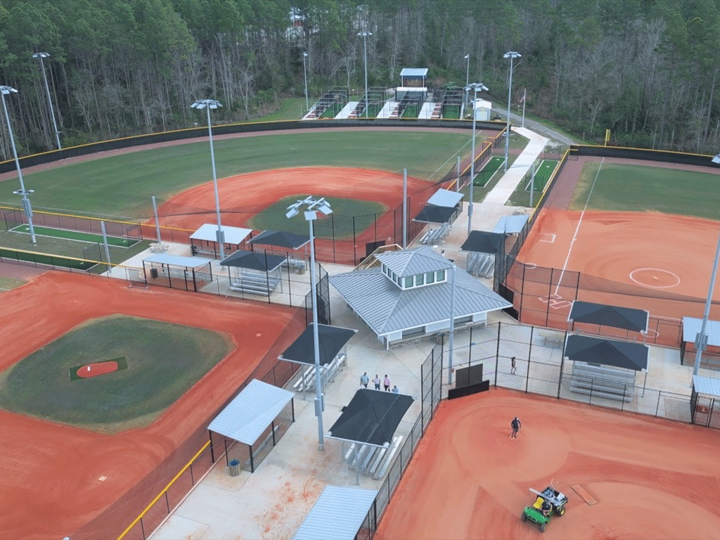 An aerial view of a park with two softball fields, two baseball fields, and batting cages.