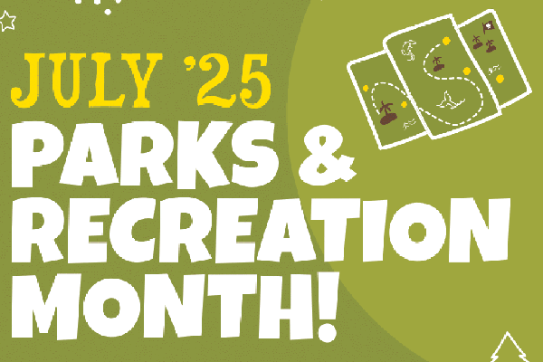 July 2025 Parks & Recreation Month with simplified map drawing