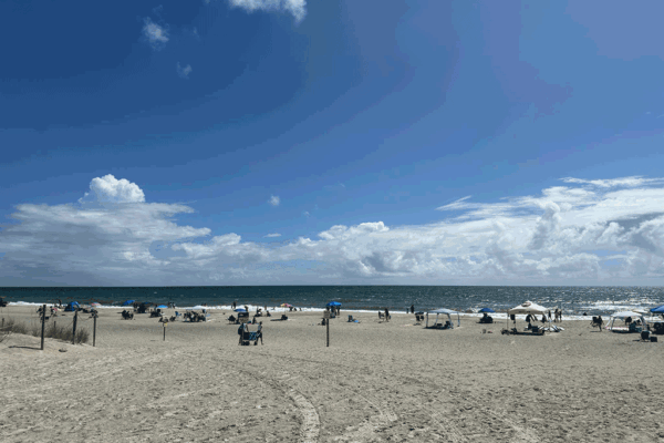 Many people walk or lounge on clear day at the beach, some under tents and umbrellas