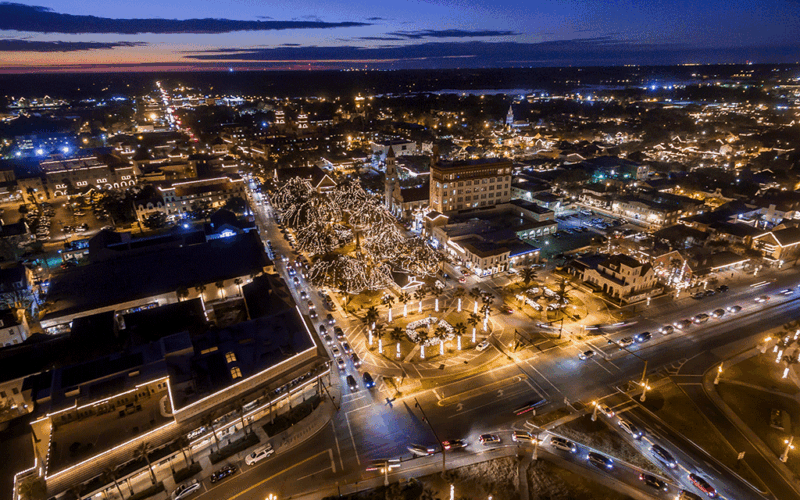 Sunset aerial view of the City of St. Augustine Nights of Lights