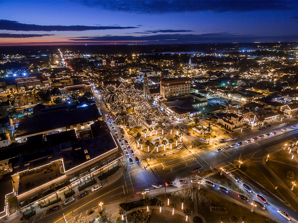 Sunset aerial view of the City of St. Augustine Nights of Lights
