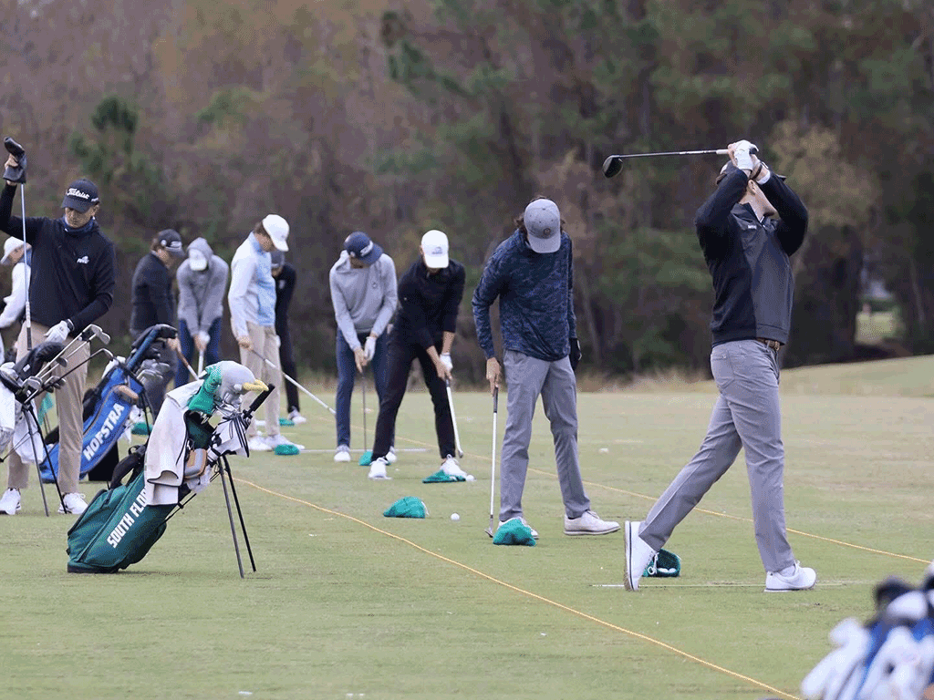 Men playing golf in a row.