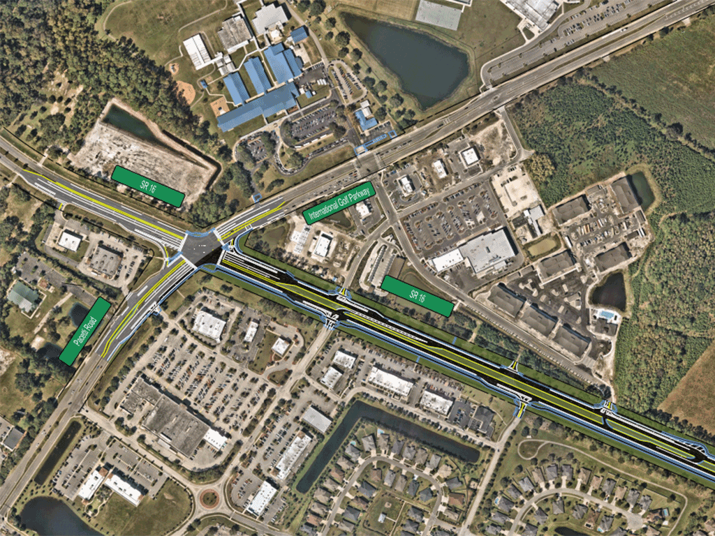 An overview map showing the intersection of SR 16 and International Golf Parkway.
