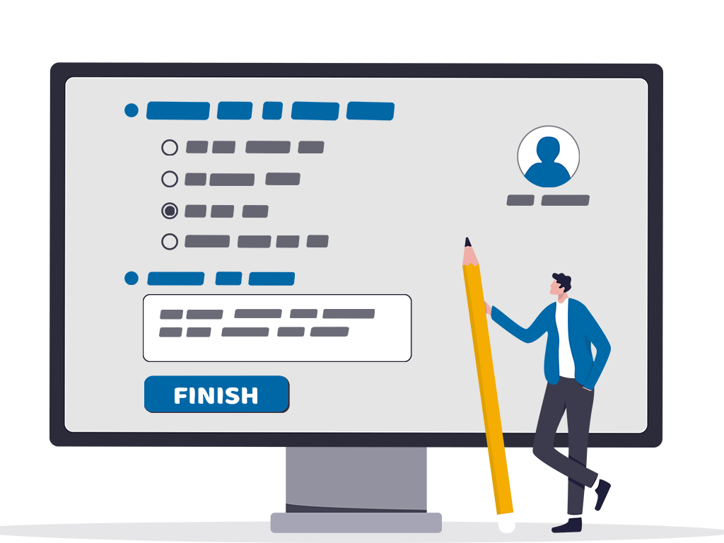 illustration depicting computer screen with fillable fields and person holding a huge pencil