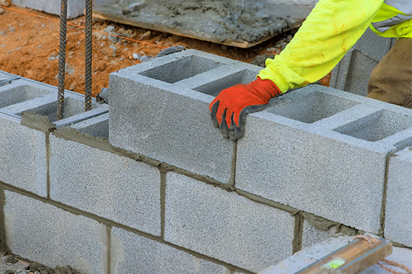 concrate blocks being stacked by a worker with gloved hand holding the block in place with mortar seeping out between blocks