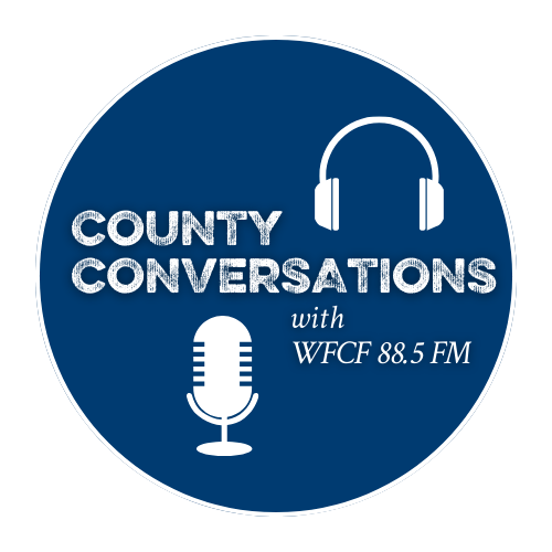 County Conversations with 88.5 FM logo with headphones and a microphone