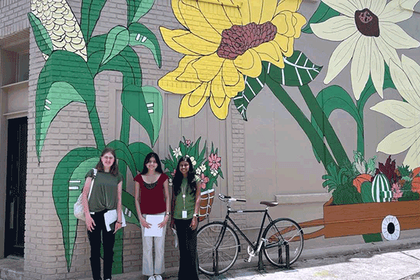 Three students wearing badges stand beside a mural painted in Hastings.