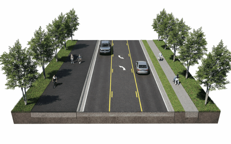 rendering of a segment of proposed share use nonmotorized trail with separate roadways for pedestrians, bicycles on either side of motor vehicle roadway.