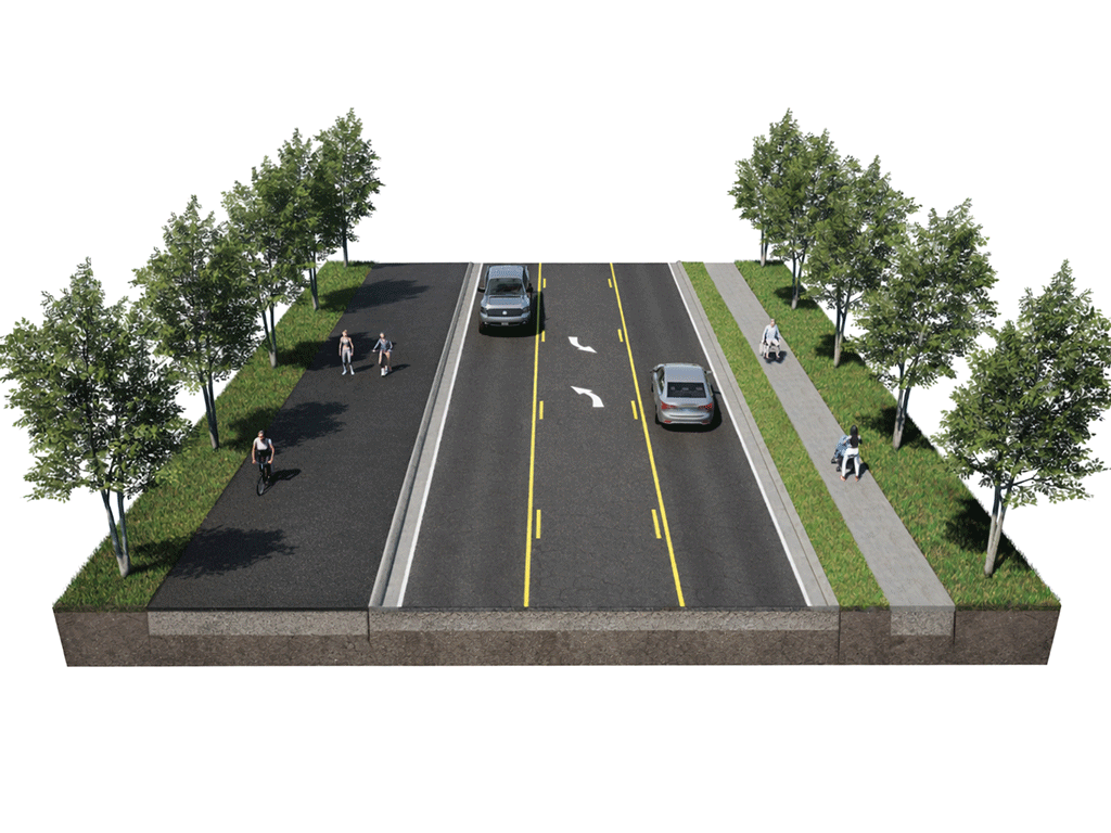 rendering of a segment of proposed share use nonmotorized trail with separate roadways for pedestrians, bicycles on either side of motor vehicle roadway.