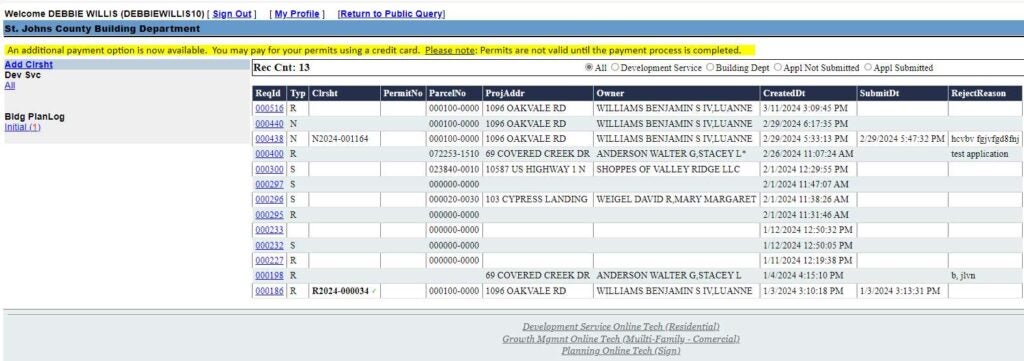Clearance Sheet Submittal application management screen