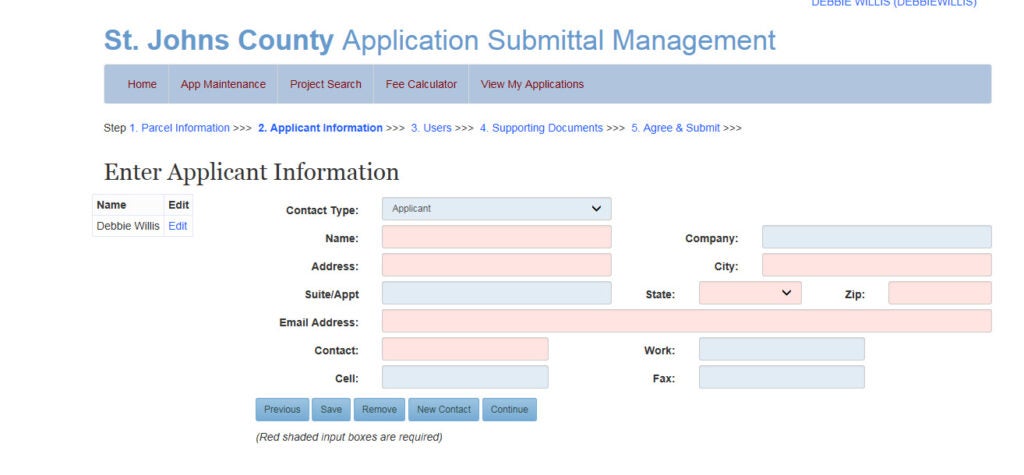 Online Submittal Management applicant information screen
