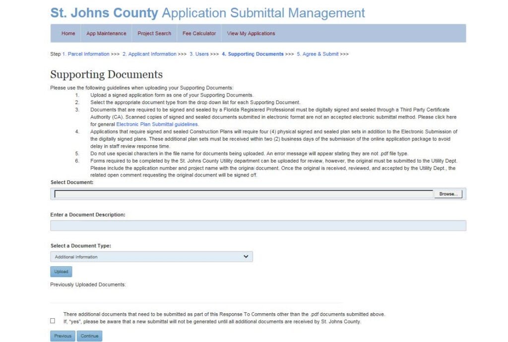 Online Submittal Management supporting documents upload screen