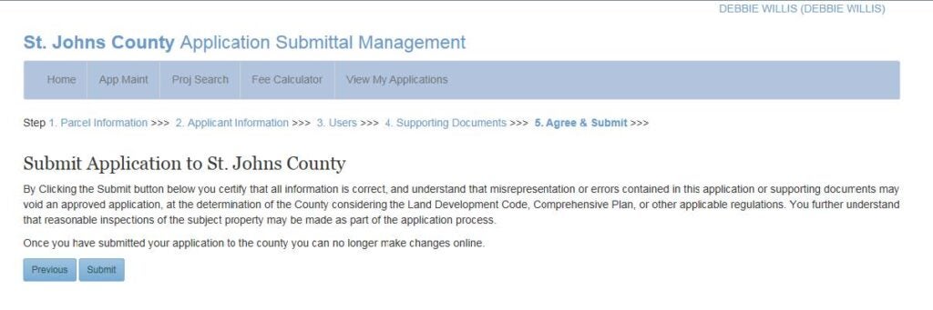 Online Submittal Management submit application screen
