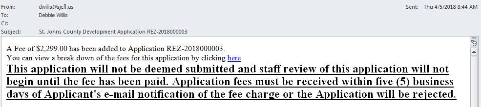 Online Submittal Management email requesting fees be paid