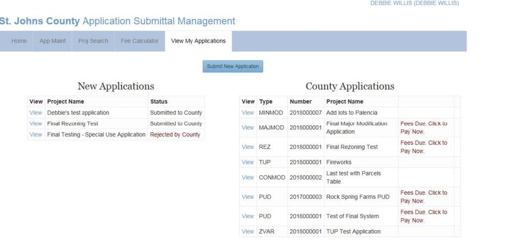 Online Submittal Management  fee access screen