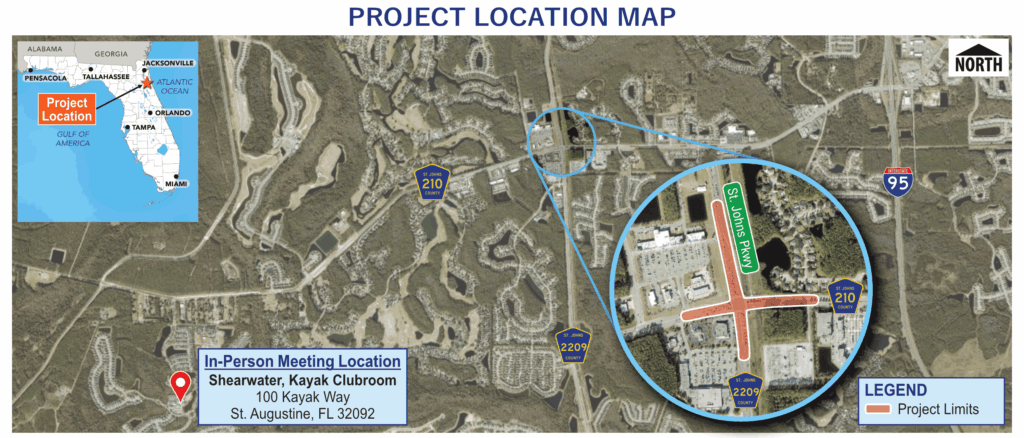 Map of the project location, CR 2209 and CR 210, with a pin where the in-person public meeting will be held at.