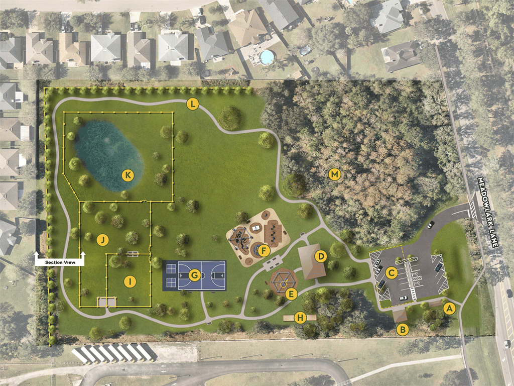An overhead map of a park with a walking trail, dog park, pond, playgrounds, basketball court, and pavilions.